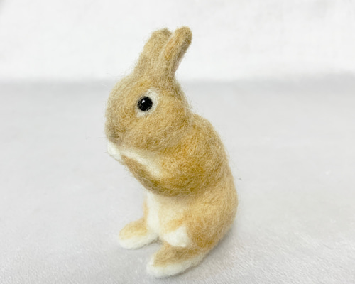 ミニチュア 羊毛フェルト うさぎ オレンジ クシクシ前のおててペロペロ