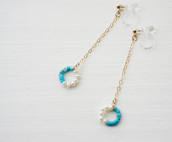 K14gf turquoise×pearl earring （樹脂） 第1張的照片