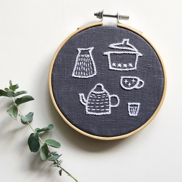 キッチン雑貨イラストの刺繍枠壁飾り タペストリー・壁掛け Turquoise