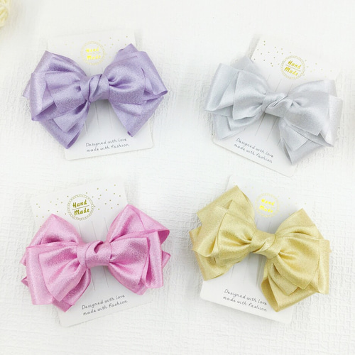 再販13【ラベンダー＆ピンク】ナチュラルリボン♡ヘアゴム キラと質感 大きな光沢感リボン 【シルバー、ゴールド、ラベンダー