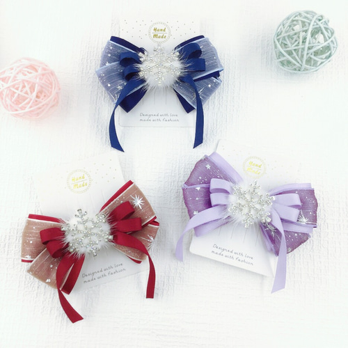 オーガンジーリボンヘアゴム 冬の星と雪 オーガンジーリボンヘアゴム 冬の星と雪