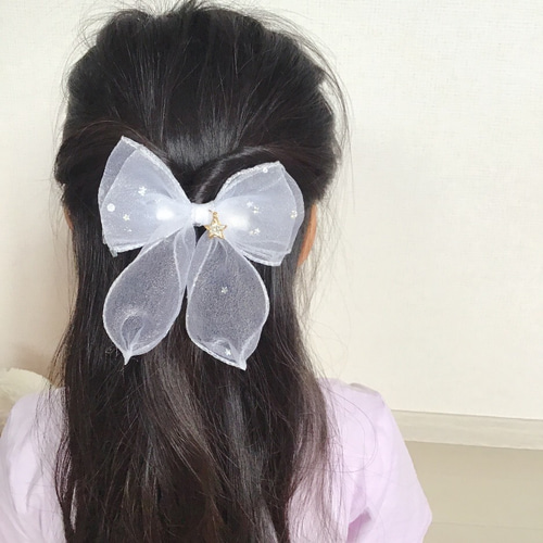 確認たらりんヘアリボン ヘアゴム128ふんわりキラキラスノー