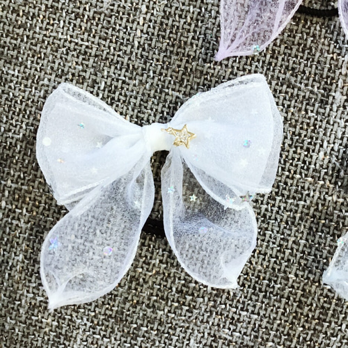 星×レイヤード×オーガンジー ふわっとたらりんリボン【白、水色、紫