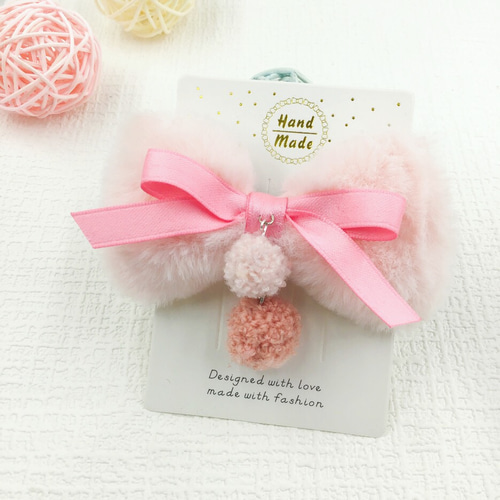 冬 モコモコ×ファーリボン×ボンボン 【白、水色、ピンク】ヘアゴム