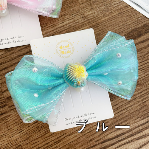 オーガンジーリボンヘアゴム  青の貝がら オーガンジーリボンヘアゴム 青の貝がら