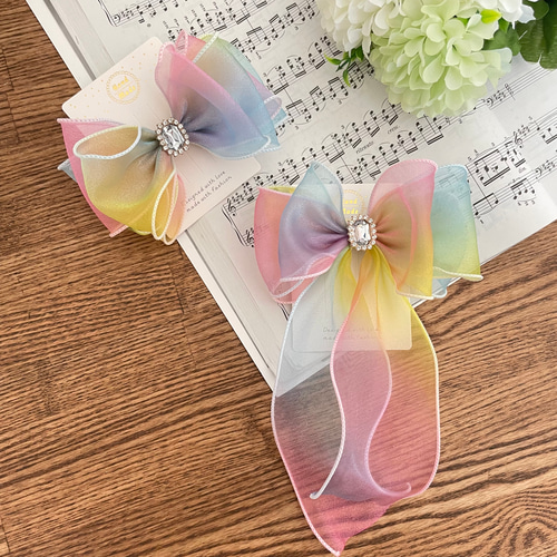 【レインボー】ナチュラルリボン♡ヘアゴム ラスト1点 ヘアゴム リボン ゴム カラフル レインボー フリルリボン