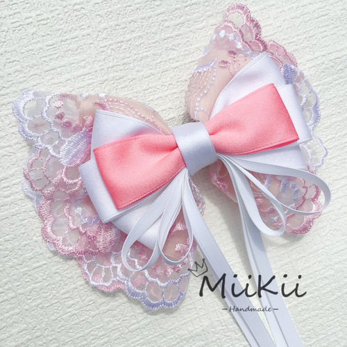 ロリータ 刺繍ゴージャス たらりんリボン ピンク+ホワイト ヘアピン