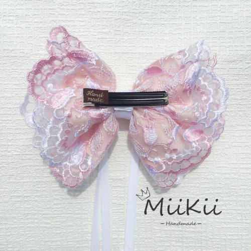 ロリータ 刺繍ゴージャス たらりんリボン ピンク+ホワイト ヘアピン