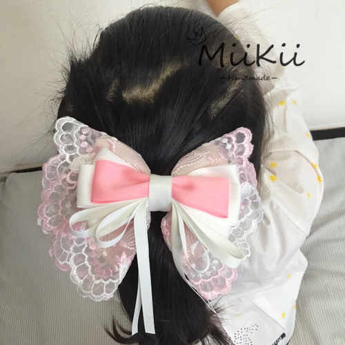 ロリータ 刺繍ゴージャス たらりんリボン ピンク+ホワイト ヘアピン