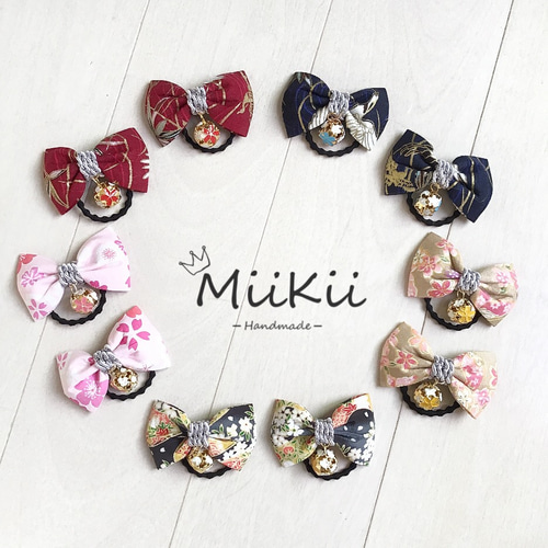 和柄 鈴揺れるミニベビーヘアゴム キッズヘアクリップ 2点セット