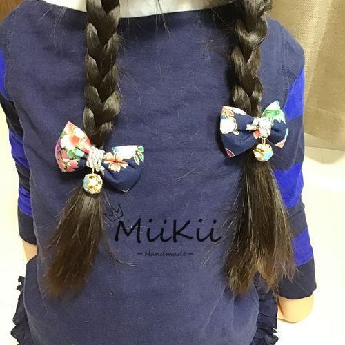 和柄 鈴揺れるミニベビーヘアゴム キッズヘアクリップ 2点セット