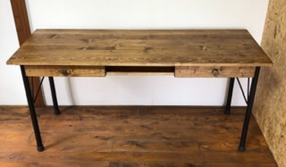 強度増　アイアンテーブル　机　引出2個　ダークウォルナット