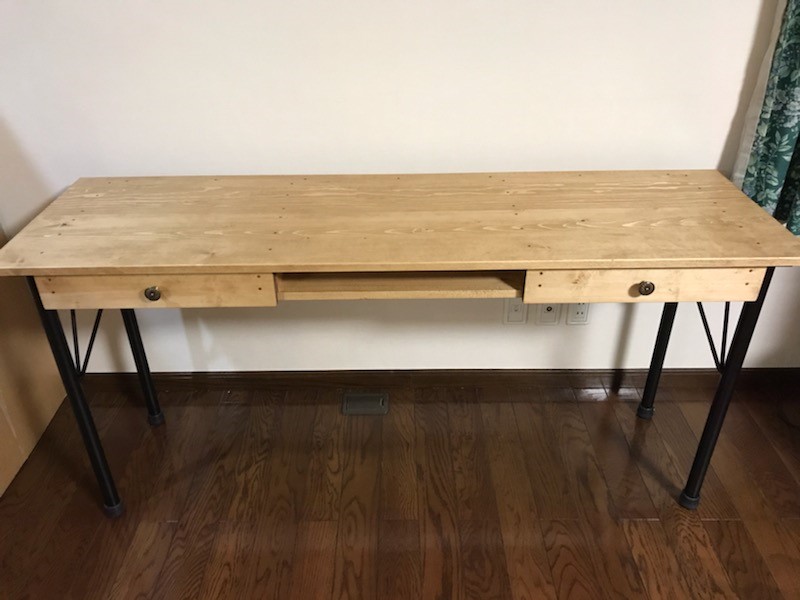 アイアンテーブル　引出2個　ダークウォルナット　D47cm