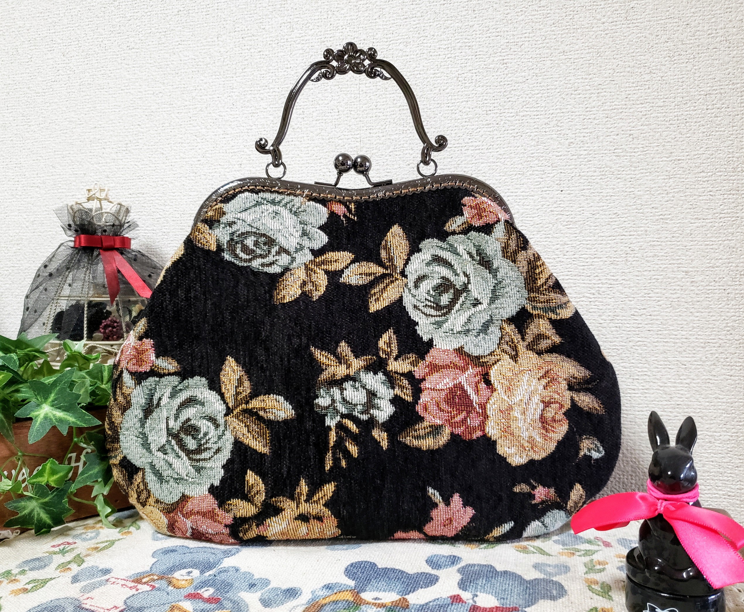chimaki花柄薔薇ゴブラン織りレースがま口ハンドバッグ