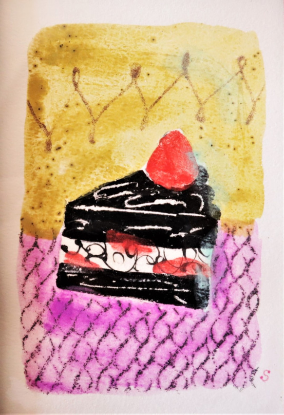 ブラックいちごケーキの日本画 4枚目の画像
