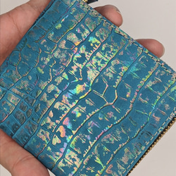 コンパクトL字型財布　ブルー型押しラメ 3枚目の画像