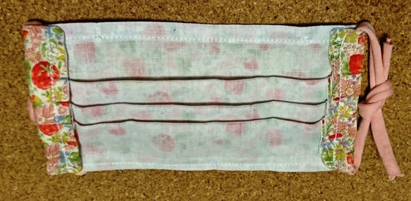 布マスク　プリーツマスク　苺⑥綿100/シングルガーゼ白/ゴム紐Tシャツヤーンピンク 5枚目の画像