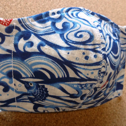布マスク　夏用生地　立体型　表生地裏生地共に紬織り　鯛青② 2枚目の画像