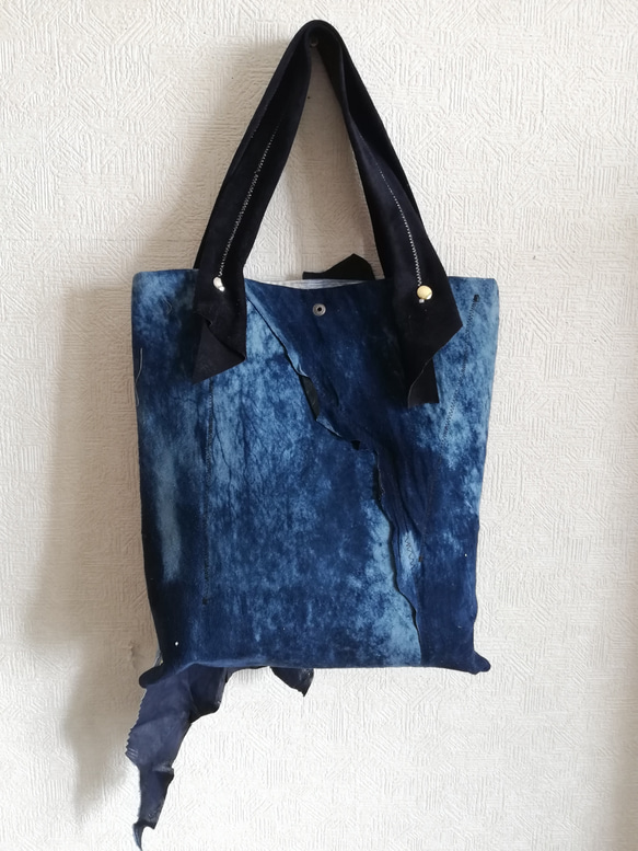 藍染風天然羊皮トートバッグ 5枚目の画像