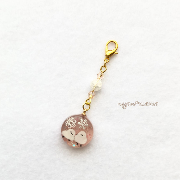 シマエナガと雪の結晶のチャーム 桜色 マスクチャーム c497 マスク