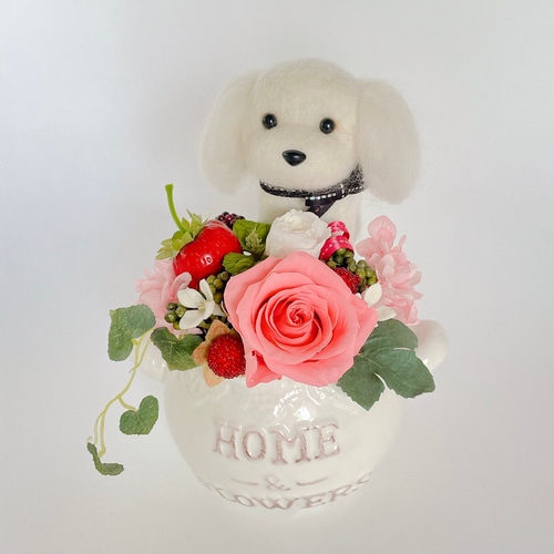 マルチーズといちごのプリザーブドフラワーアレンジメント 犬 母