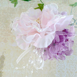 オーガンジー薔薇とレースパープル紫陽花のコサージュ 3枚目の画像