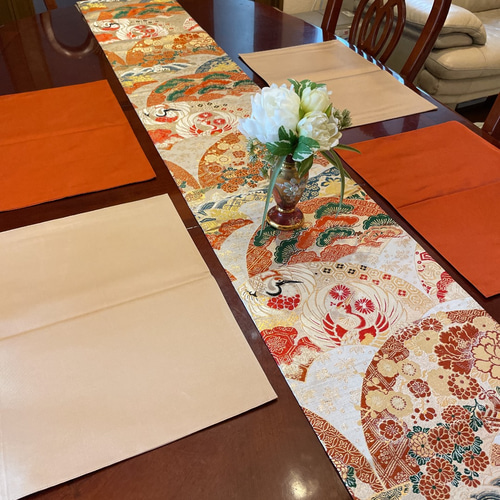 豪華刺繍 正絹テーブルランナーとランチョンマット 帯リメイク