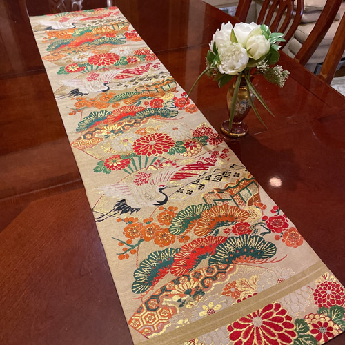 豪華刺繍 正絹テーブルランナーテーブルセンター 帯リメイク 鶴