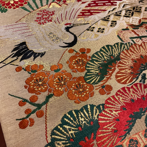 豪華刺繍 正絹テーブルランナーテーブルセンター 帯リメイク 鶴 豪華刺繍 正絹テーブルランナーテーブルセンター 帯リメイク 鶴