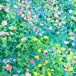 Robert Kaufman 110cm x 50cmずつ切売 - 印象派風絵画 (花畑) / 緑