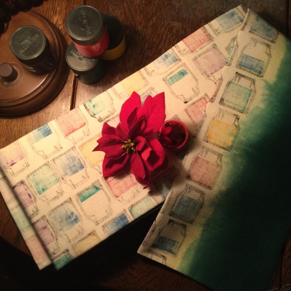 絵の具の瓶でカラフルに！　個性派木版染　半幅帯　リバーシブル