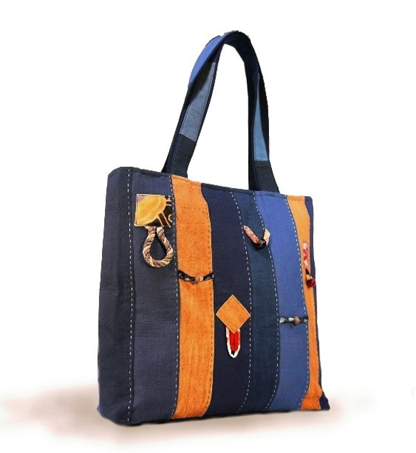 藍色と柿渋染の和布で作ったパッチワーク手提げ鞄 2枚目の画像