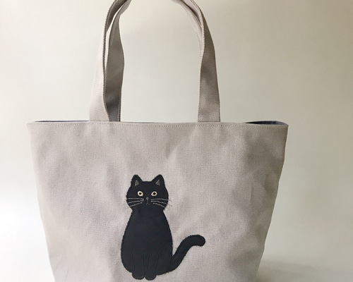 (手づくり)\"満たされネコ\"アップリケクリスタルねこ絵トートバッグ お出かけ猫 猫柄トートバッグ 猫グッズ 猫雑貨 好き おもしろ