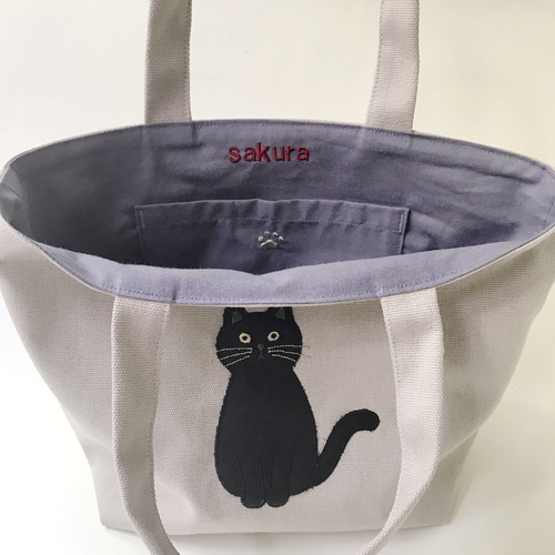 (手づくり)\"満たされネコ\"アップリケクリスタルねこ絵トートバッグ 0_774fb4b55dfef12309567d35b63b