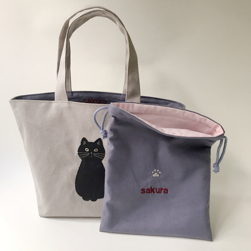 ❁ハンドメイド❁ リネンアップリケトートバッグ8匹のネコ アップリケリネンクロス ねこのアップリケの 舟形トートバック ＊黒ねこ トートバッグ