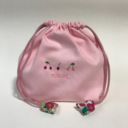 さくらんぼ刺繍のコップ袋グレイッシュピンク