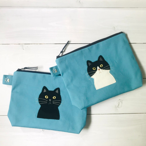 ハチワレねこのアップリケ刺繍ポーチ　ターコイズブルー 9枚目の画像