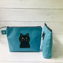 黒ねこのアップリケ刺繍ポーチ　ターコイズブルー 5枚目の画像