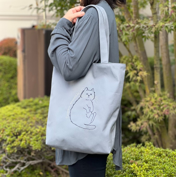 ねこのライン刺繍の帆布トートバック　ロングヘアー 5枚目の画像