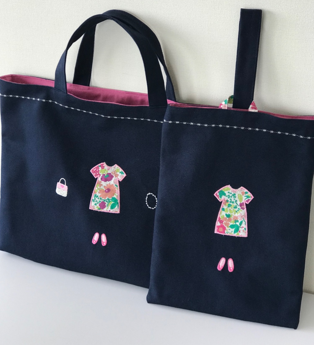 リバティ生地のアップリケのレッスンバック＆上履き入れ