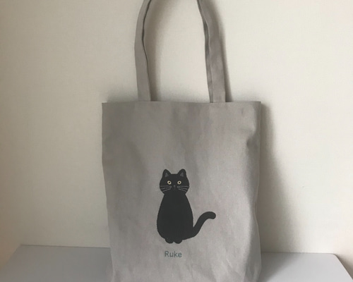 ハチワレ猫刺繍♡帆布・ブラック・ちょっと大きめシックなトート