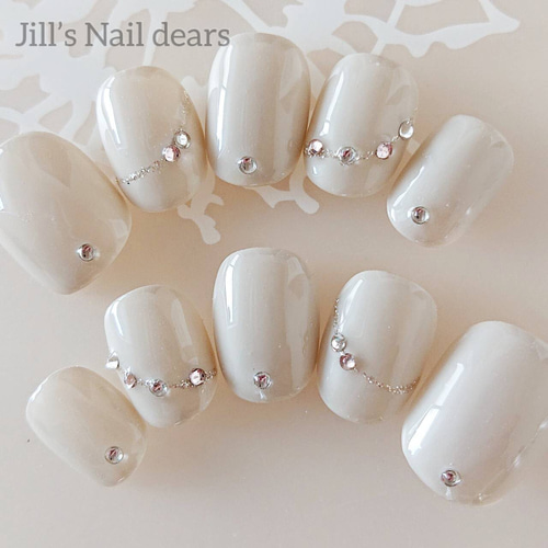 34))ストーンネイル 乳白色ホワイト フレンチガーリー ネイルチップ