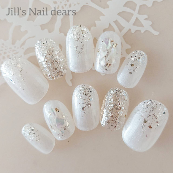 完成品 オーバルS】パールホワイト シェルネイル/ネイルチップ  