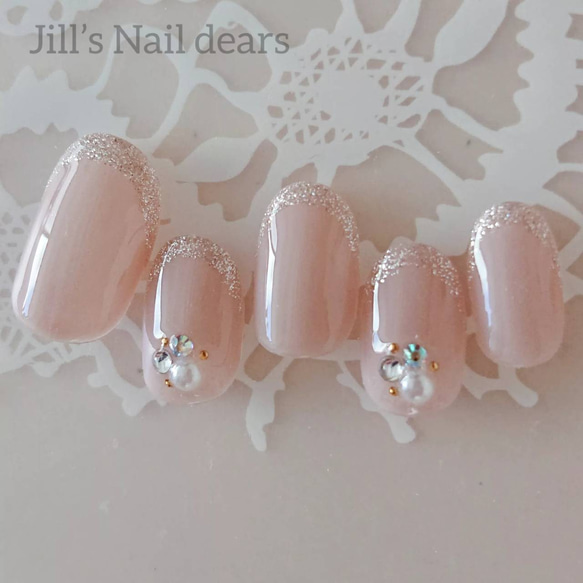 完成品 オーバルSS】ラメフレンチ ストーンネイル/ネイルチップ