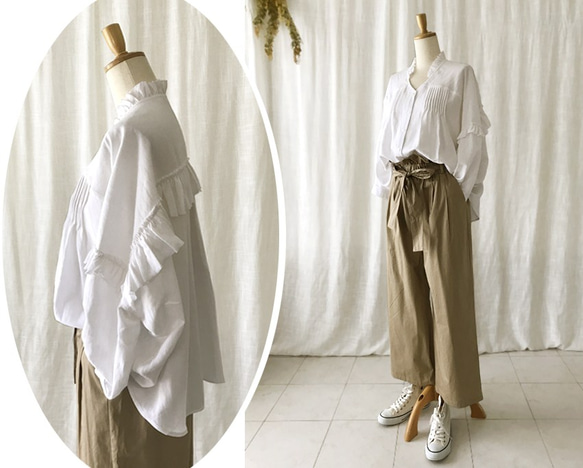 再販♪コットンリネンふんわりフリルブラウス(マスタード・カーキ) 1枚目の画像