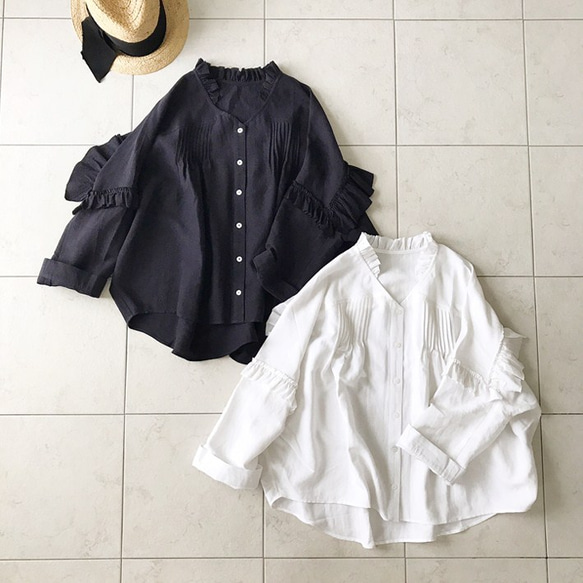 再販♪コットンリネンふんわりフリルブラウス(マスタード・カーキ) 8枚目の画像