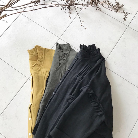 再販♪コットンリネンふんわりフリルブラウス(マスタード・カーキ) 6枚目の画像