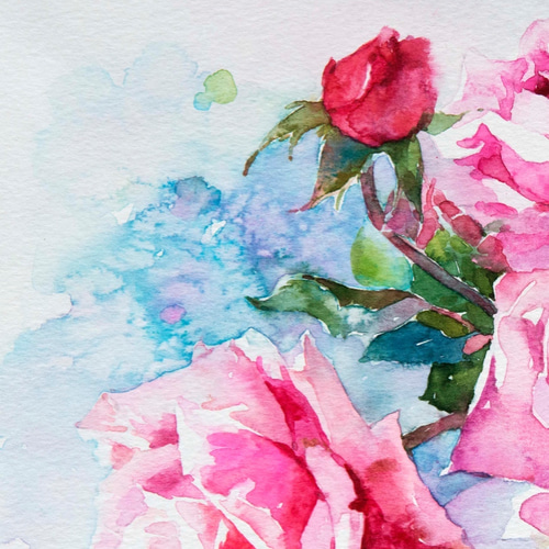 バラ色の朝 」透明水彩原画 F3サイズ 一点物 額付き 豪華なプレゼント 