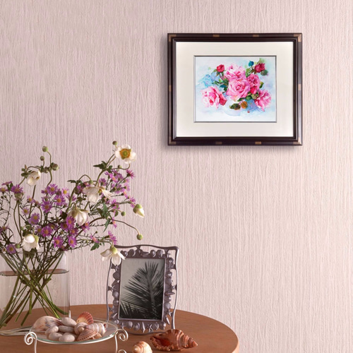 バラのささやき　額縁付き　透明水彩画 バラのささやき額縁付き透明水彩画