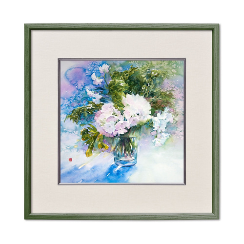 1004☆水彩画 原画 夏がやって来た 花 タチアオイ 水彩お絵描き思い出